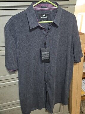 Buttercloth Men’s Short-Sleeve Button Down Shirt - Charcoal with Purple Trim